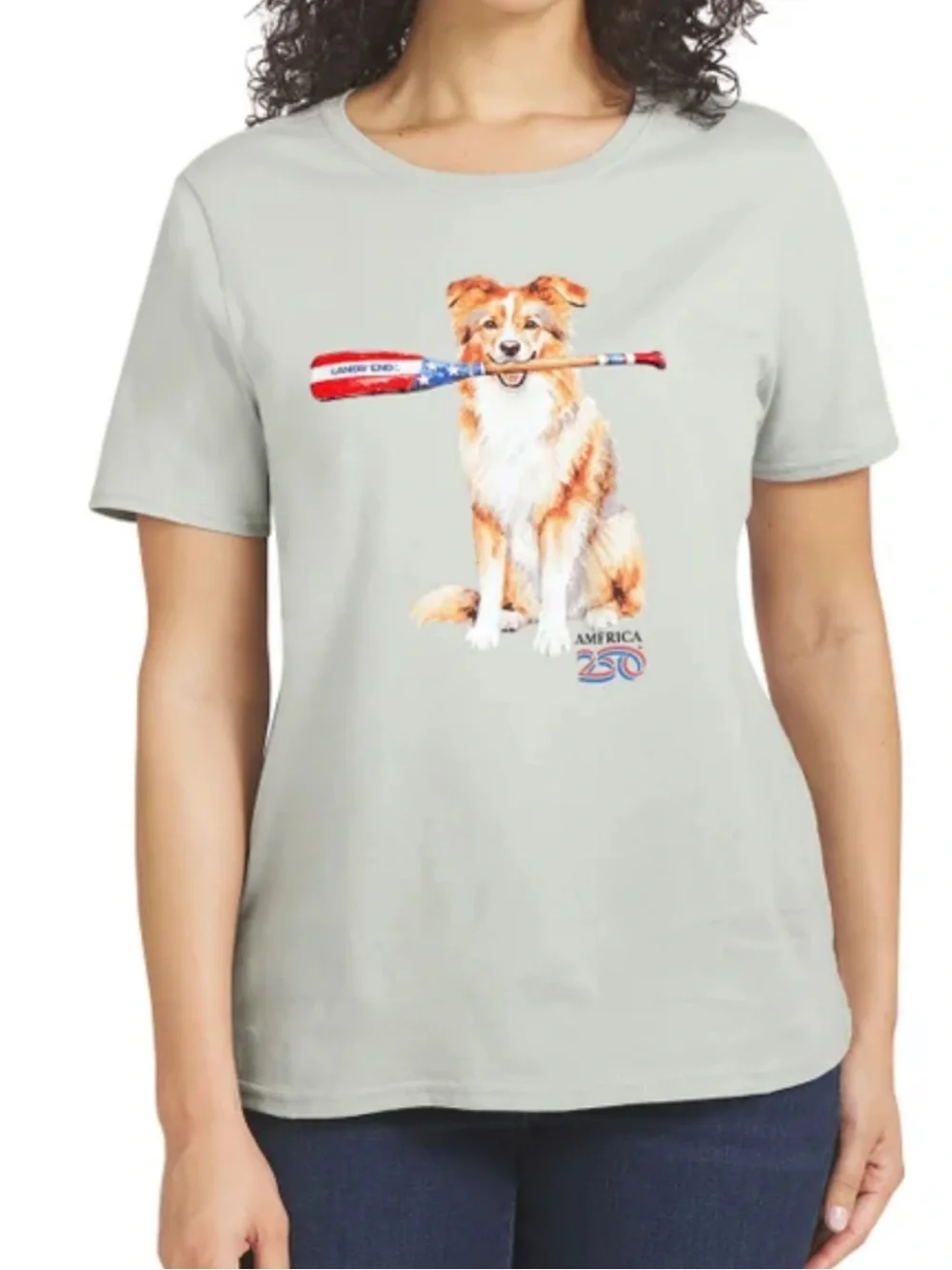 Lands' End Light Gray Tee with Dog Holding American Paddle